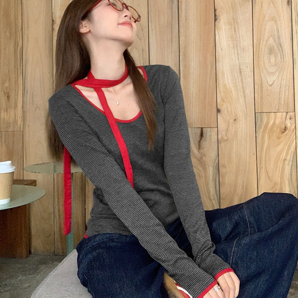 Leichtes Langarm Damen Top mit Kontrastfarbe und Schal Style - Picture 27 of 60