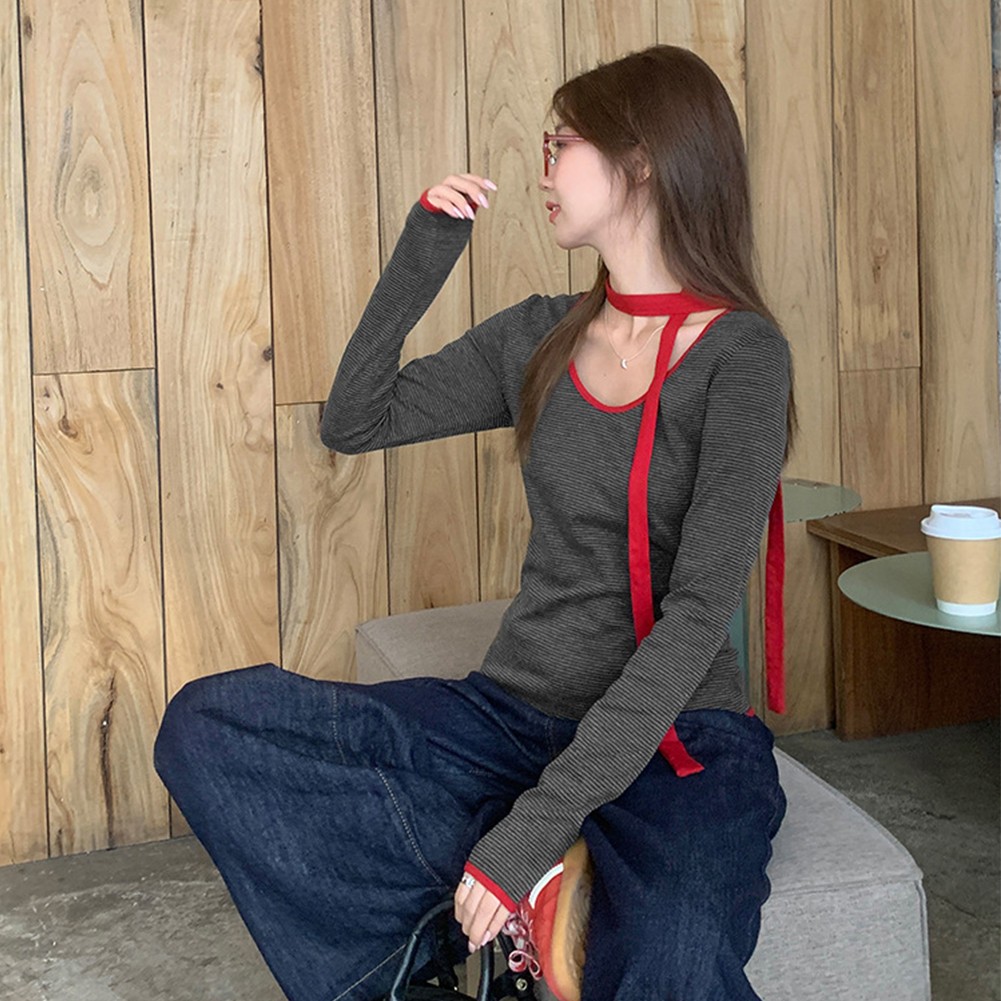 Leichtes Langarm Damen Top mit Kontrastfarbe und Schal Style - Picture 20 of 60