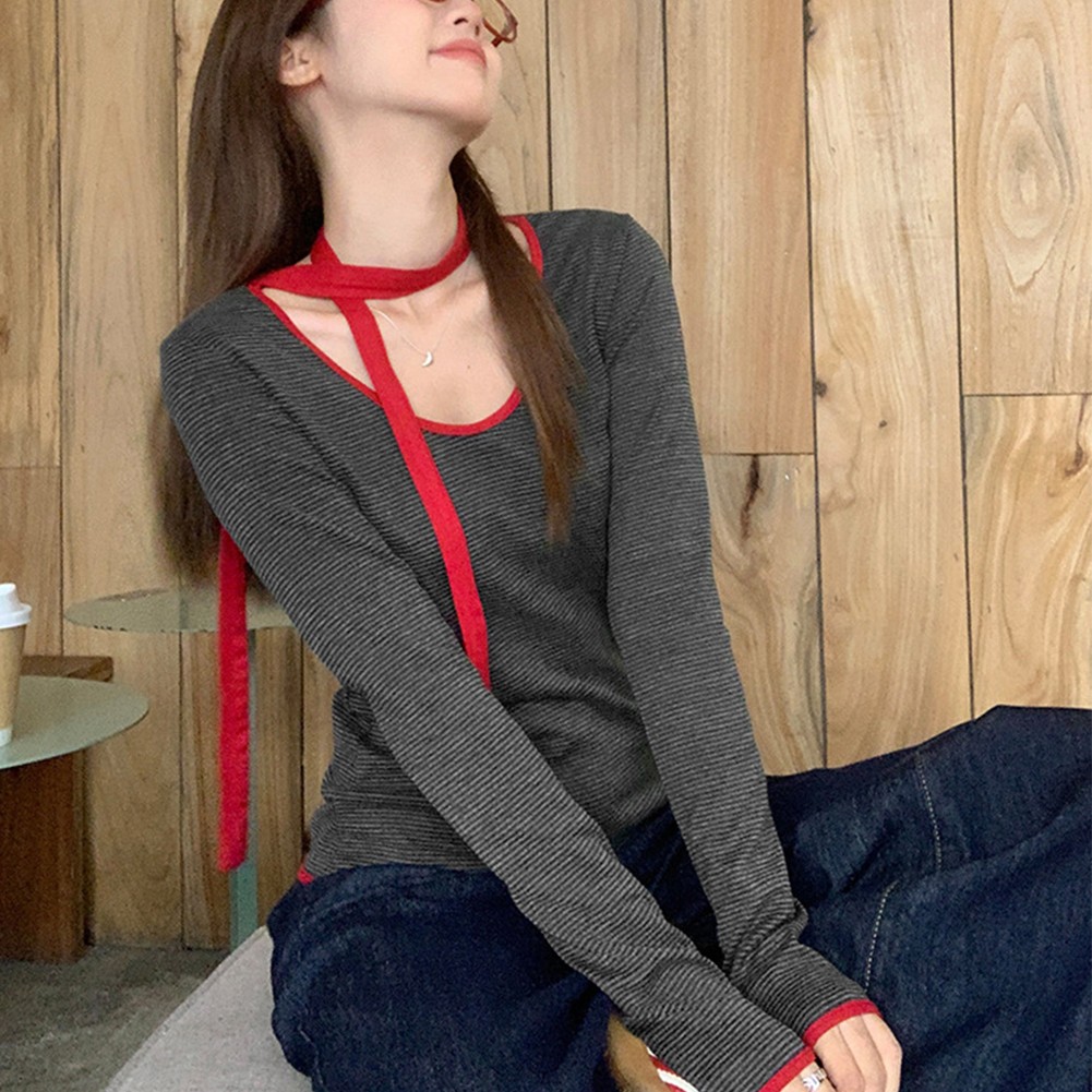 Leichtes Langarm Damen Top mit Kontrastfarbe und Schal Style - Picture 21 of 60