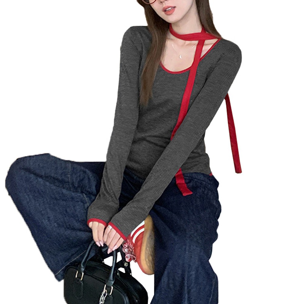 Leichtes Langarm Damen Top mit Kontrastfarbe und Schal Style - Picture 24 of 60
