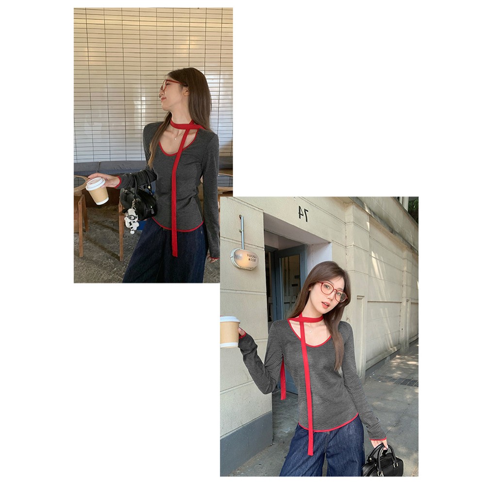 Leichtes Langarm Damen Top mit Kontrastfarbe und Schal Style - Picture 23 of 60