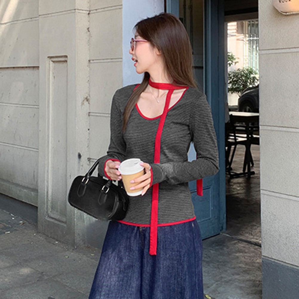 Leichtes Langarm Damen Top mit Kontrastfarbe und Schal Style - Picture 15 of 60