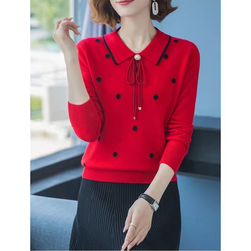 Loose Fit Polka Dot Lapel Collar Sweater for Spring and Autumn Seasons - Picture 20 of 38
