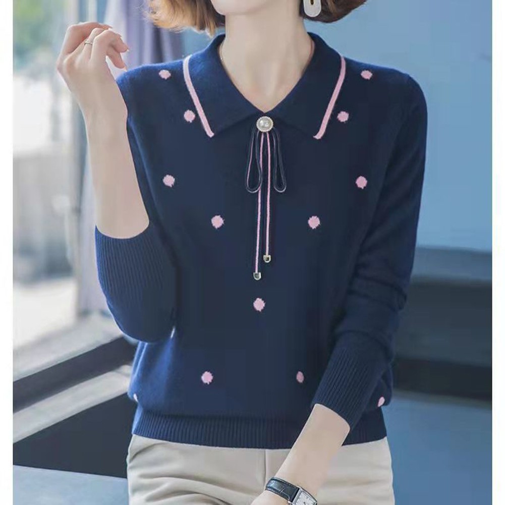 Loose Fit Polka Dot Lapel Collar Sweater for Spring and Autumn Seasons - Picture 34 of 38