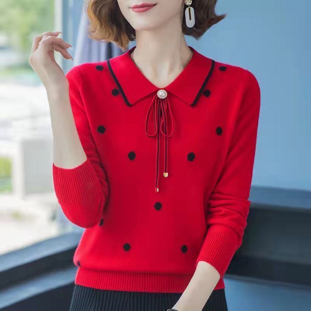 Loose Fit Polka Dot Lapel Collar Sweater for Spring and Autumn Seasons - Picture 18 of 38