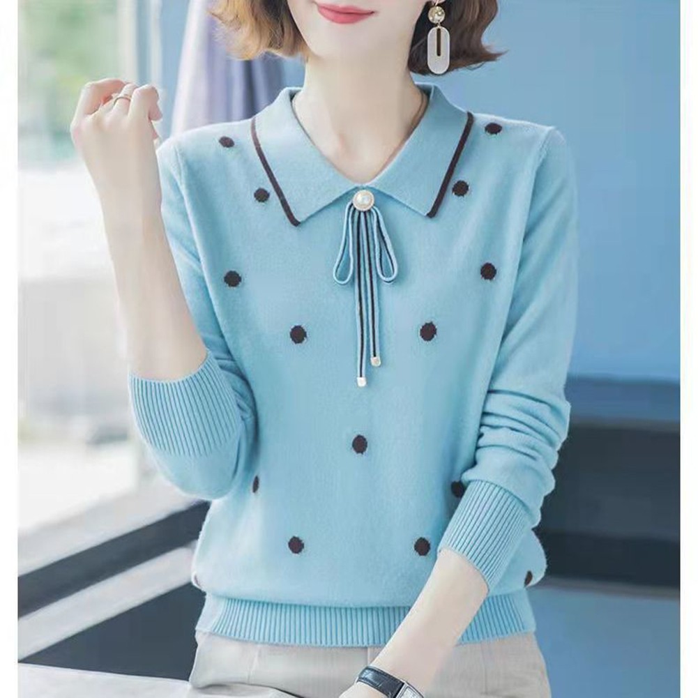 Loose Fit Polka Dot Lapel Collar Sweater for Spring and Autumn Seasons - Picture 24 of 38