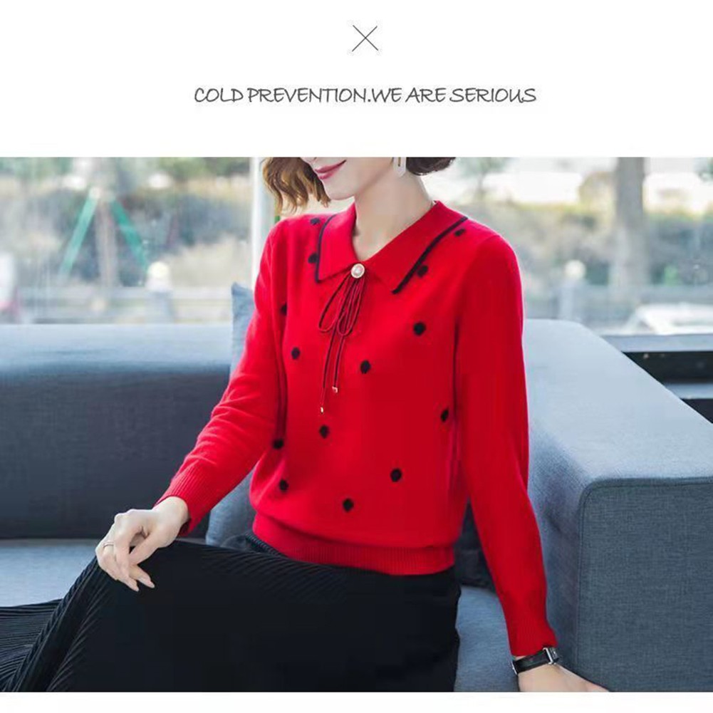 Loose Fit Polka Dot Lapel Collar Sweater for Spring and Autumn Seasons - Picture 22 of 38