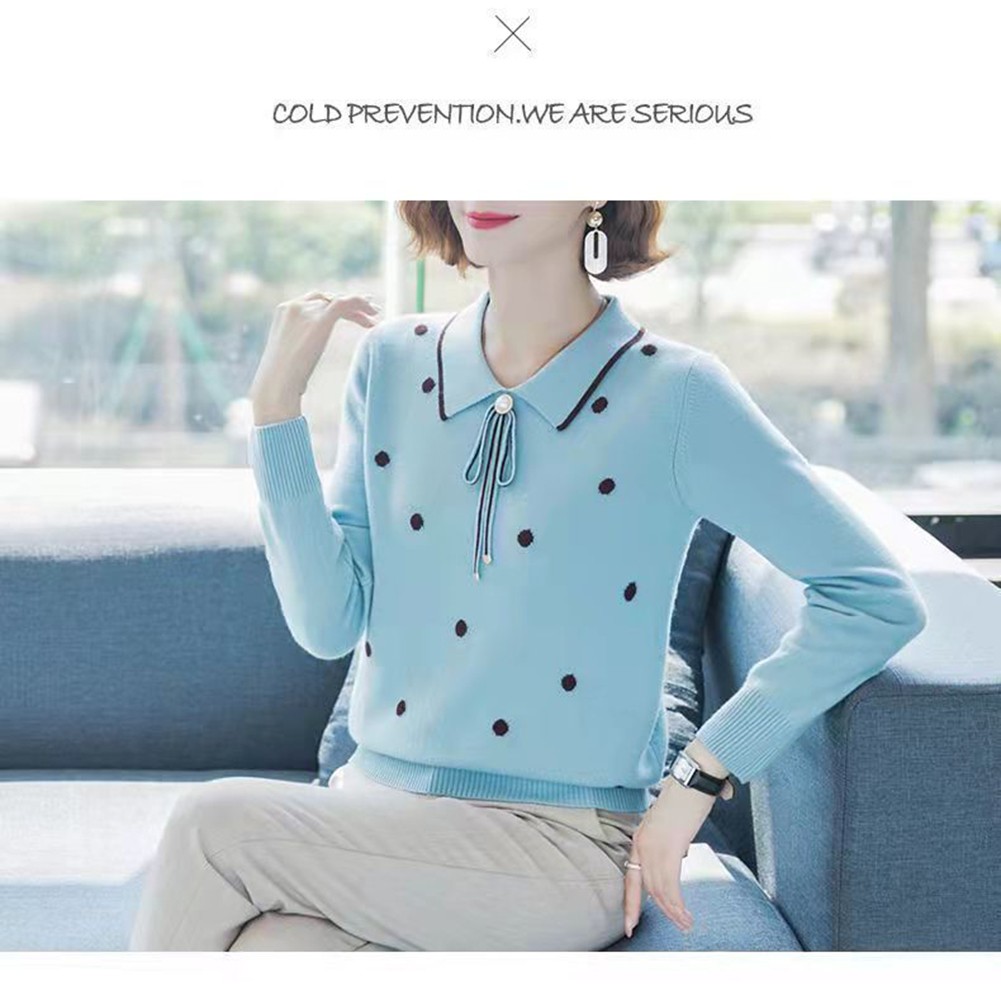 Loose Fit Polka Dot Lapel Collar Sweater for Spring and Autumn Seasons - Picture 27 of 38