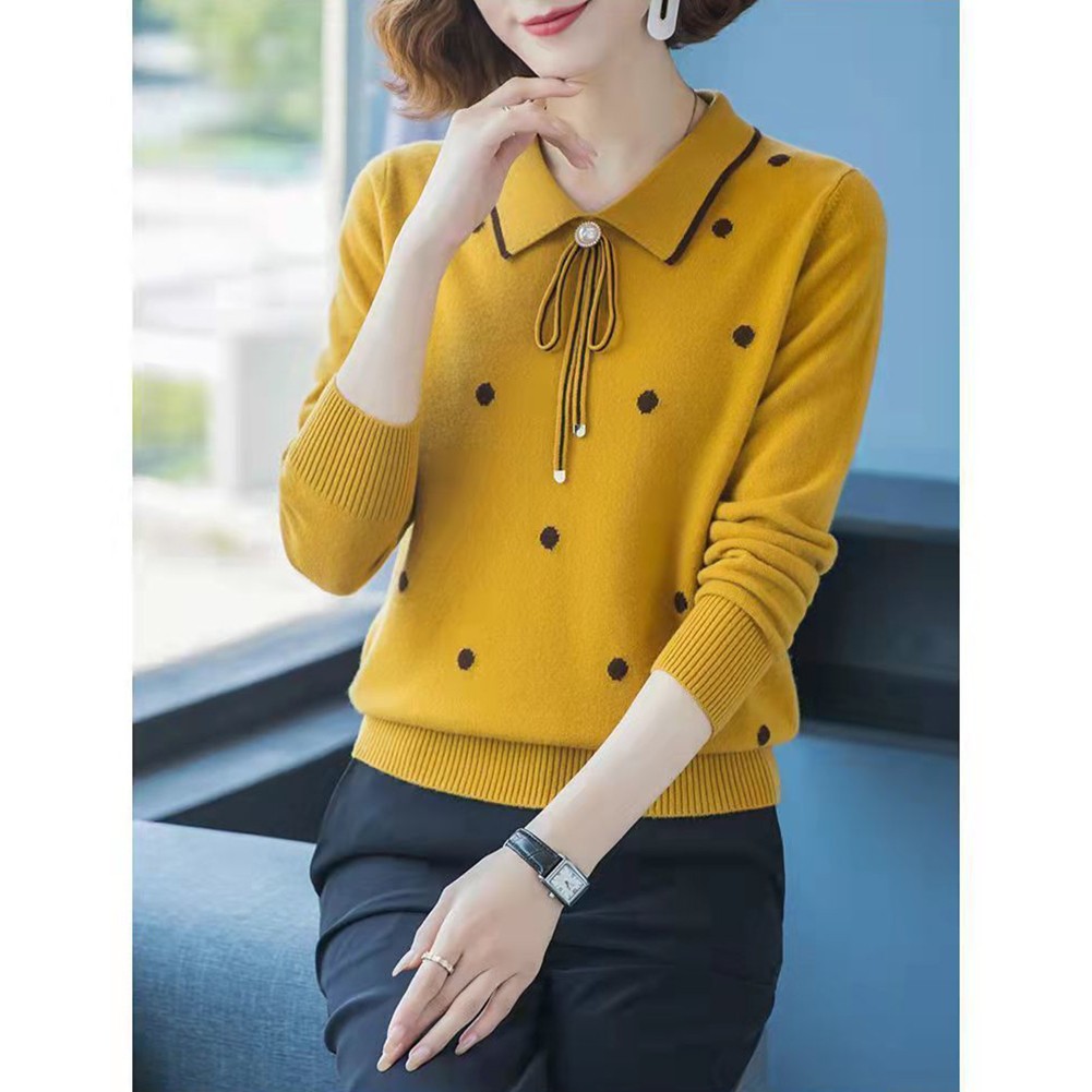 Loose Fit Polka Dot Lapel Collar Sweater for Spring and Autumn Seasons - Picture 38 of 38
