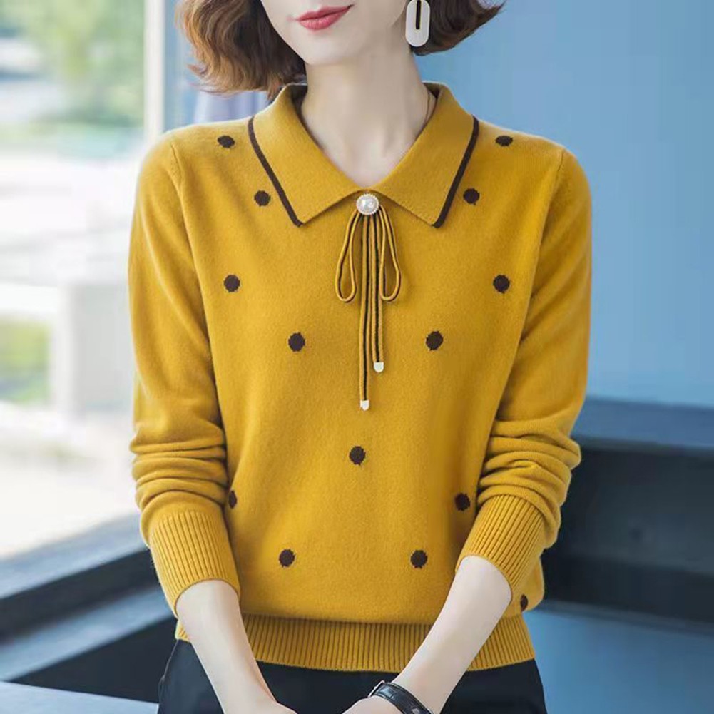 Loose Fit Polka Dot Lapel Collar Sweater for Spring and Autumn Seasons - Picture 36 of 38