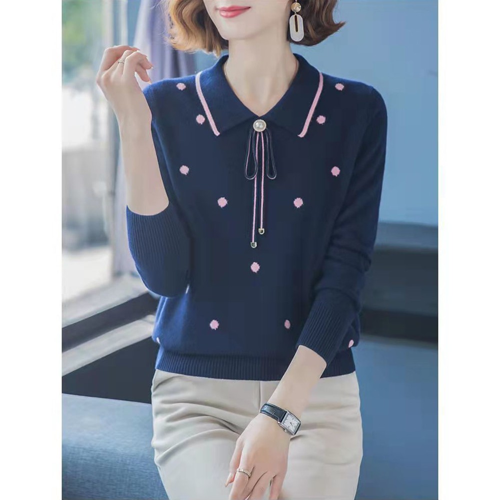 Loose Fit Polka Dot Lapel Collar Sweater for Spring and Autumn Seasons - Picture 35 of 38