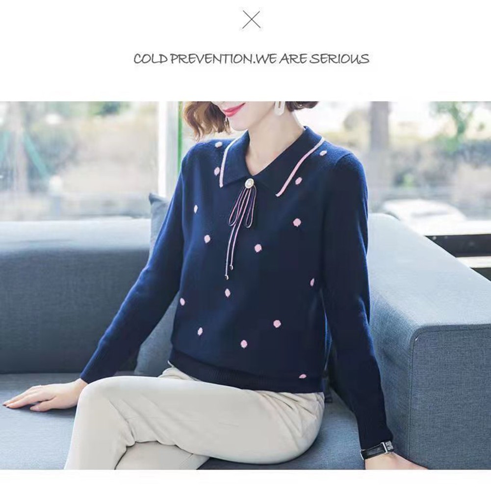 Loose Fit Polka Dot Lapel Collar Sweater for Spring and Autumn Seasons - Picture 33 of 38