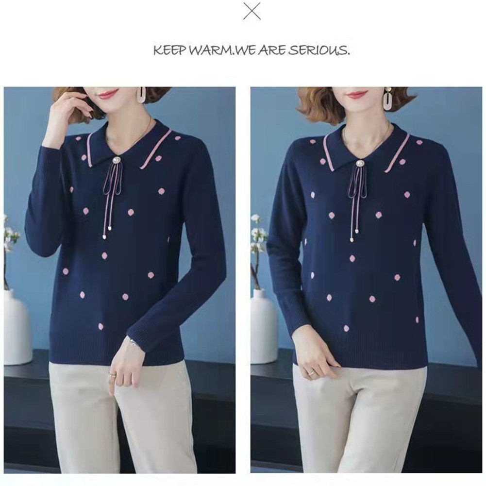 Loose Fit Polka Dot Lapel Collar Sweater for Spring and Autumn Seasons - Picture 31 of 38