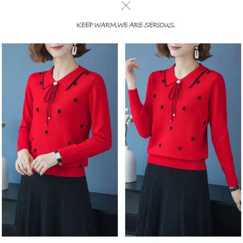 Loose Fit Polka Dot Lapel Collar Sweater for Spring and Autumn Seasons - Picture 21 of 38