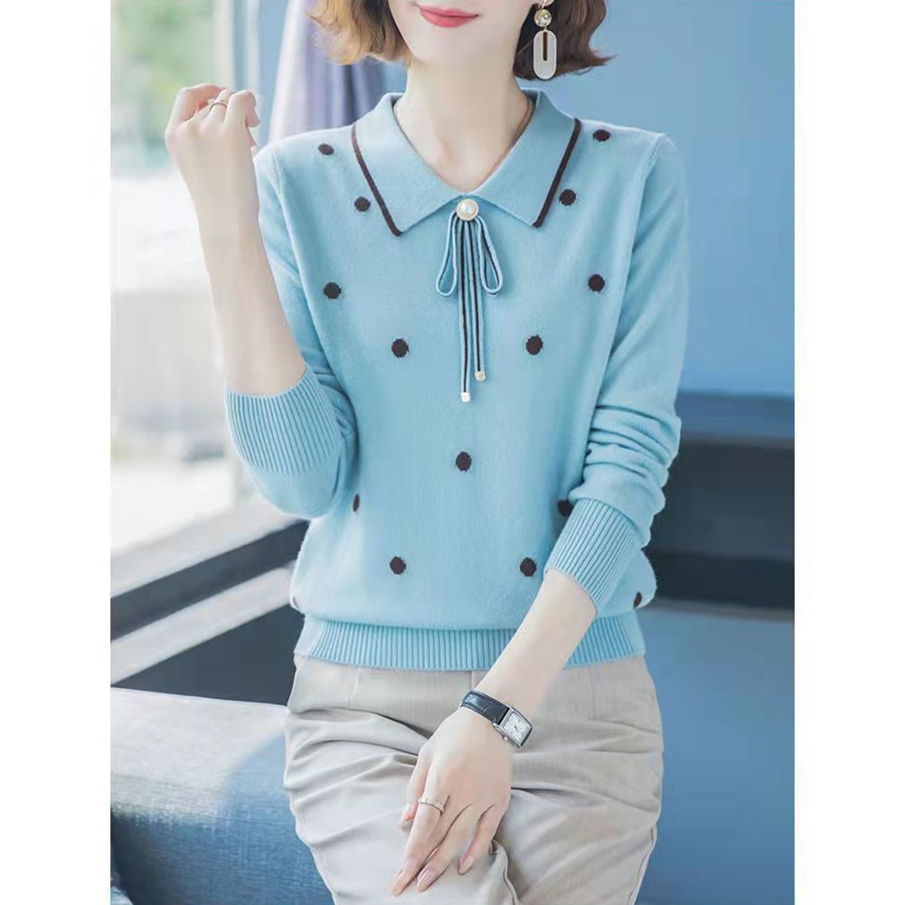 Loose Fit Polka Dot Lapel Collar Sweater for Spring and Autumn Seasons - Picture 25 of 38