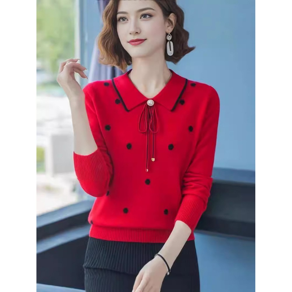 Loose Fit Polka Dot Lapel Collar Sweater for Spring and Autumn Seasons - Picture 19 of 38