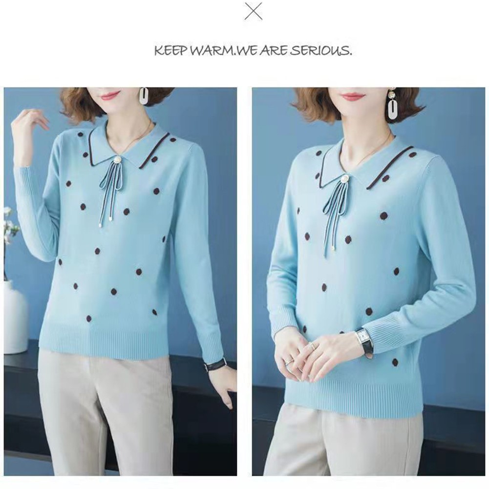 Loose Fit Polka Dot Lapel Collar Sweater for Spring and Autumn Seasons - Picture 29 of 38