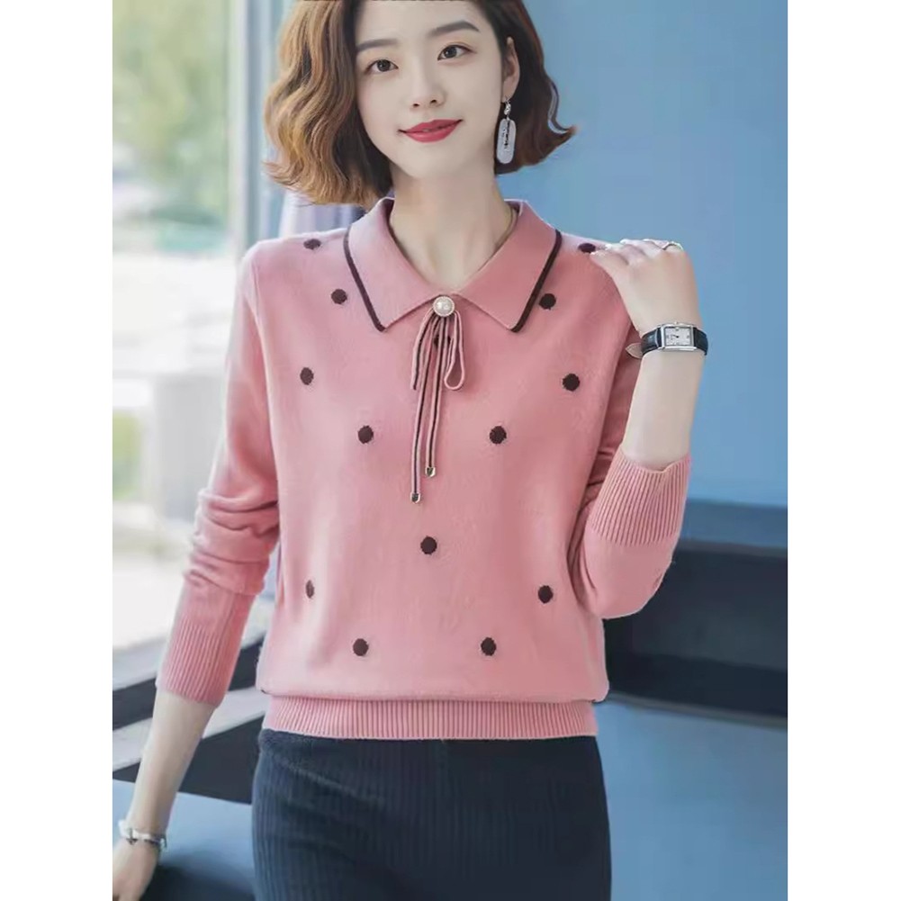 Loose Fit Polka Dot Lapel Collar Sweater for Spring and Autumn Seasons - Picture 17 of 38