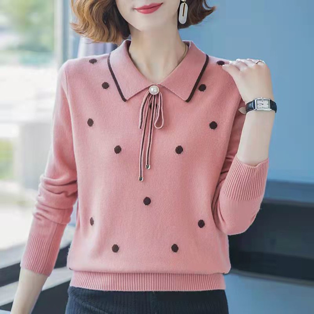 Loose Fit Polka Dot Lapel Collar Sweater for Spring and Autumn Seasons - Picture 16 of 38