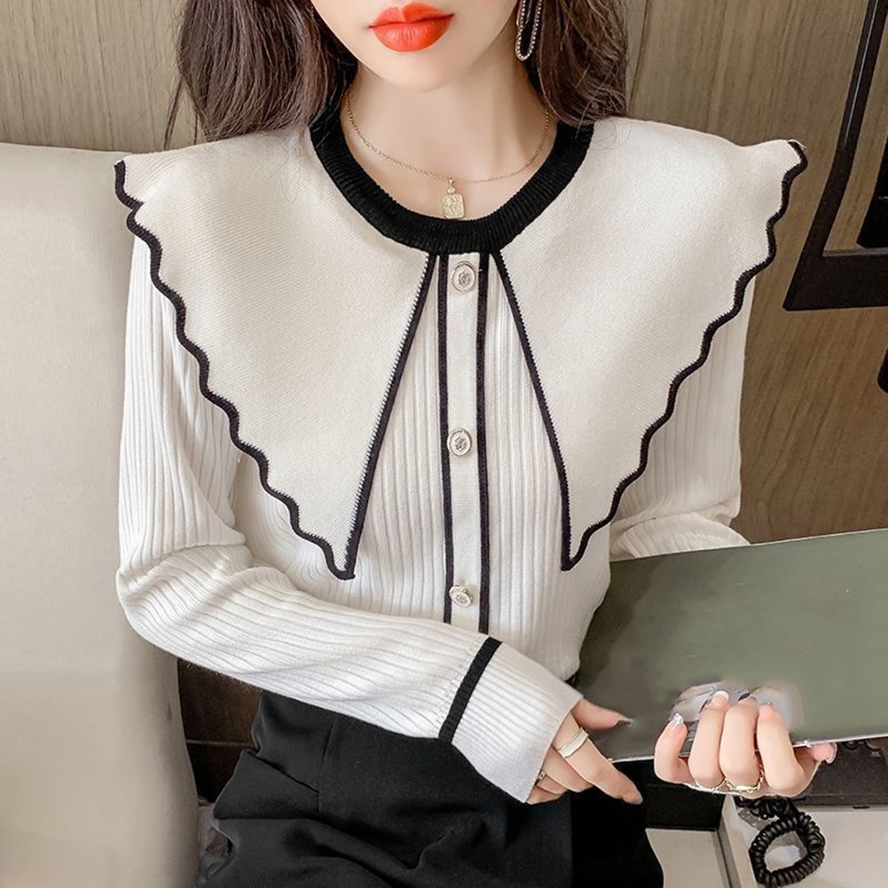 Women Elegant Ruffled Neck Pullover Cozy Sweater for Spring and Autumn - Picture 13 of 42