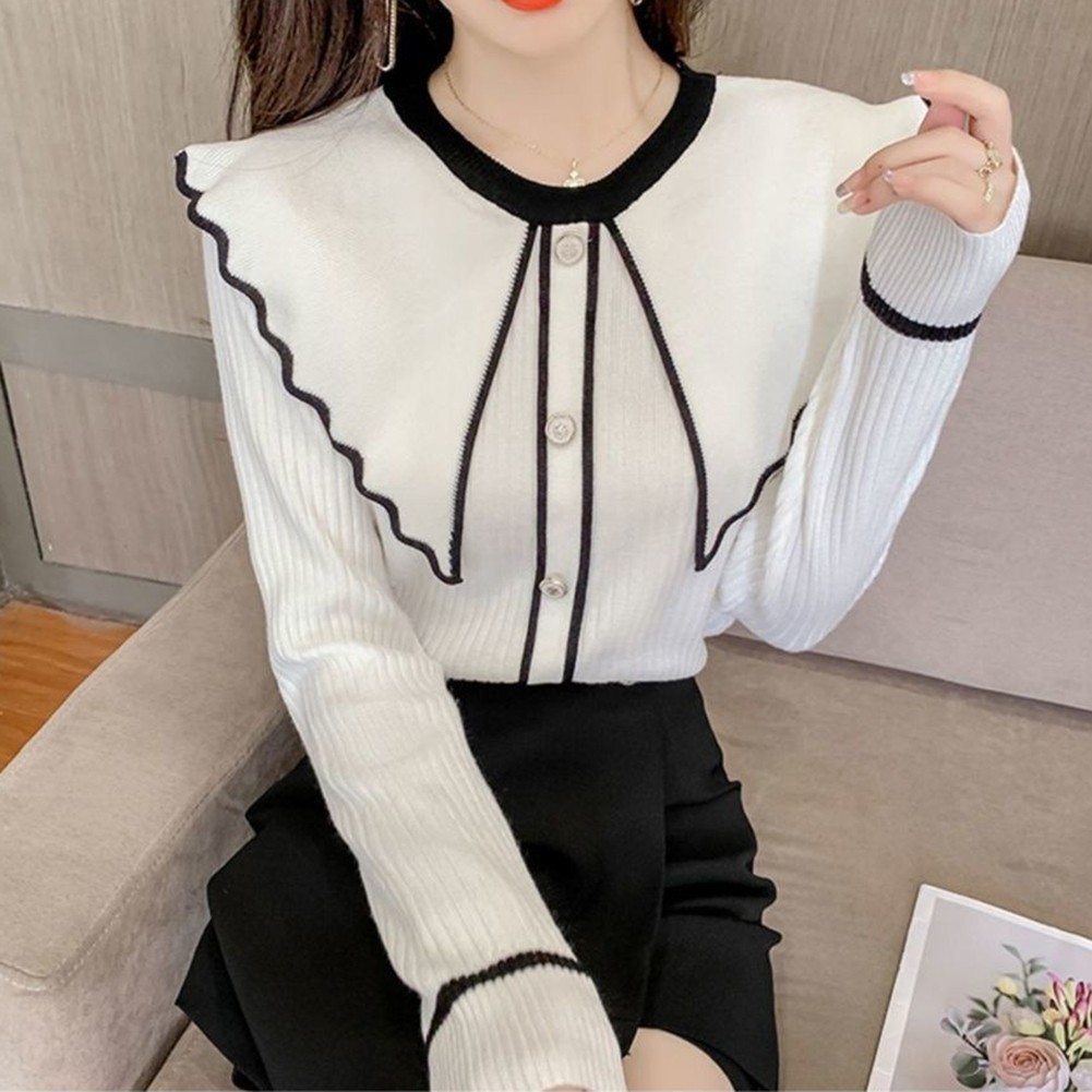 Women Elegant Ruffled Neck Pullover Cozy Sweater for Spring and Autumn - Picture 17 of 42