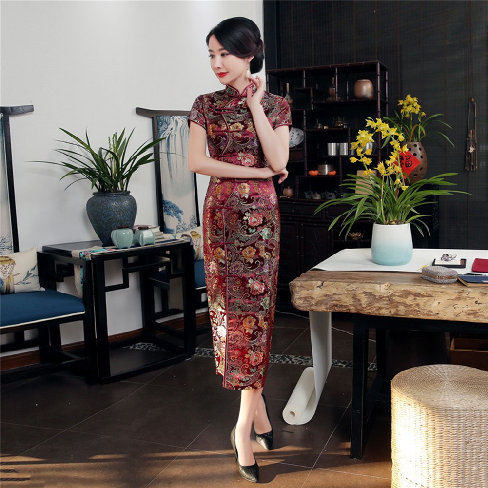 Satin Qipao Dress Featuring Beautiful Flower Embroidery for Ladies Fashion - Picture 13 of 17