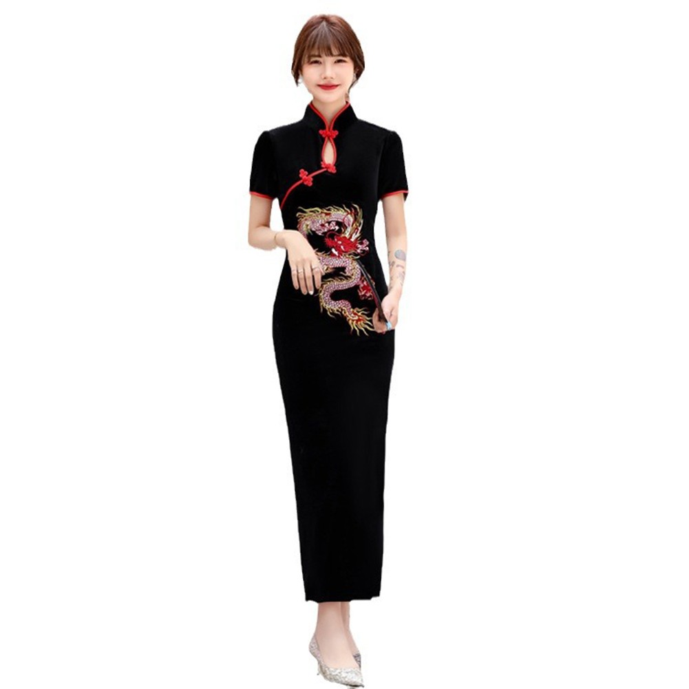 Embroidered Dragon Qipao Long Dress with Stand Collar for Women's Vintage Style - Picture 24 of 31
