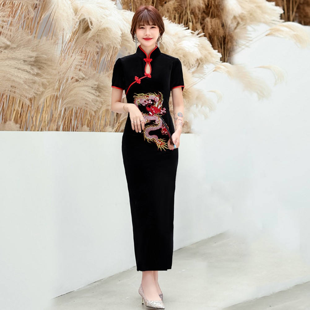 Embroidered Dragon Qipao Long Dress with Stand Collar for Women's Vintage Style - Picture 18 of 31