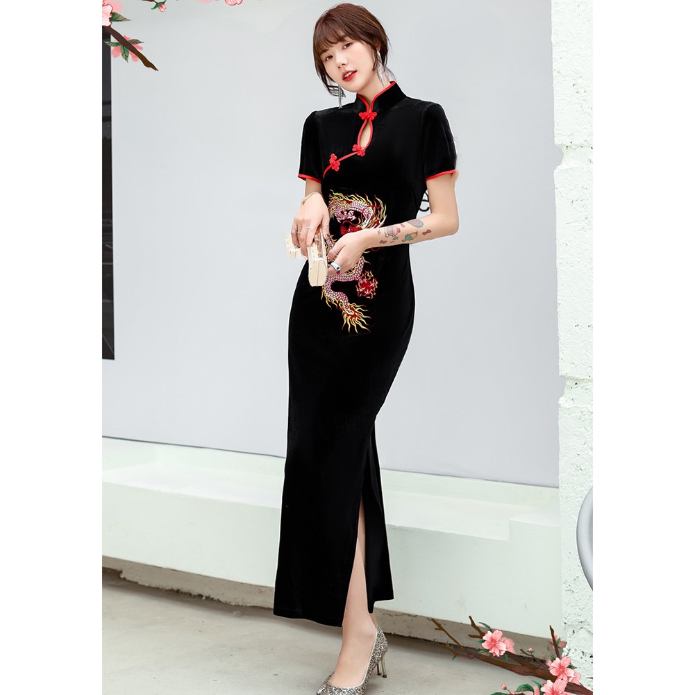 Embroidered Dragon Qipao Long Dress with Stand Collar for Women's Vintage Style - Picture 21 of 31