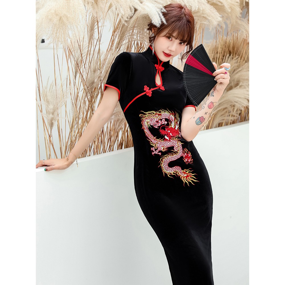 Embroidered Dragon Qipao Long Dress with Stand Collar for Women's Vintage Style - Picture 19 of 31