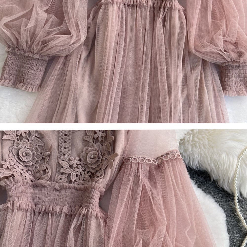 Langes Kleid mit Spitze und Blumenmuster für Damen mit Gazeärmeln und Weste 2- - Bild 17 von 22