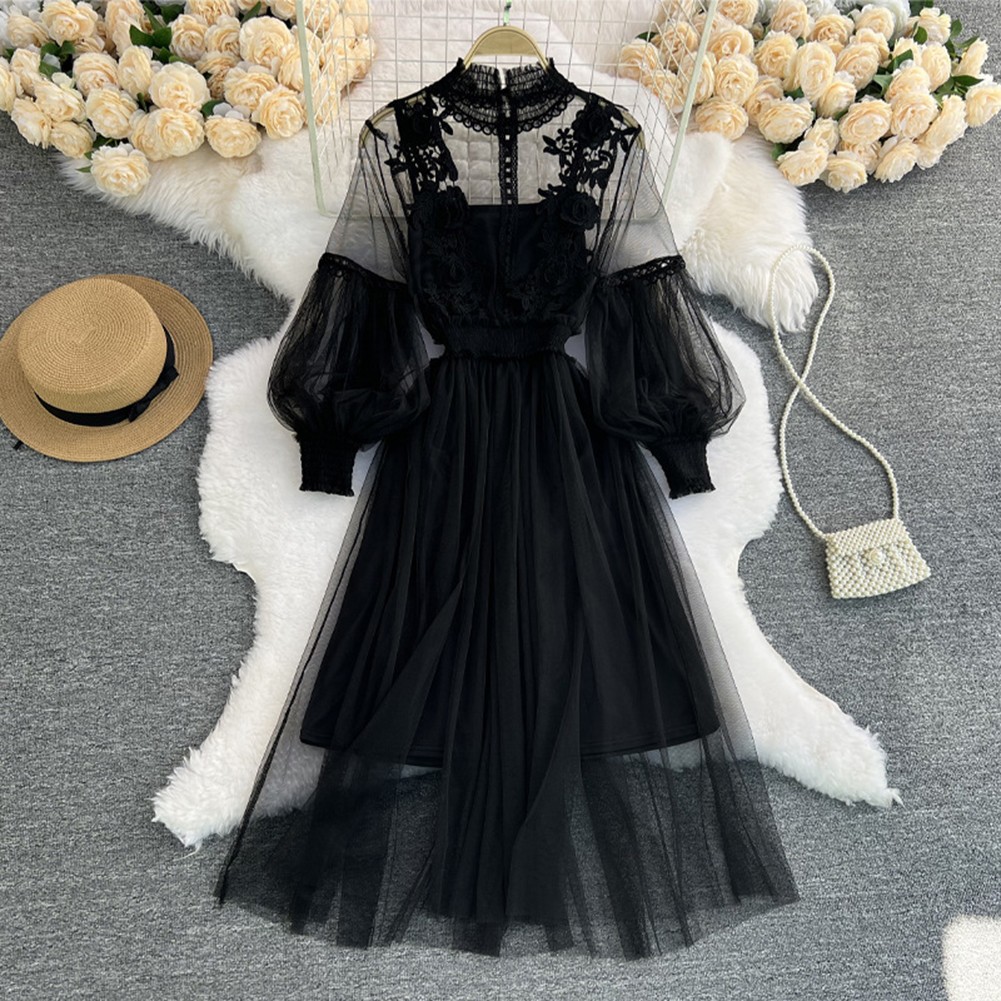 Lace Flower Long Dress with Lantern Sleeves for Stylish Women on Holidays