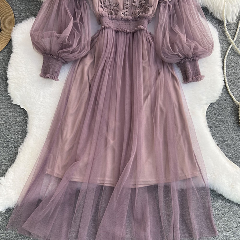 Langes Kleid mit Spitze und Blumenmuster für Damen mit Gazeärmeln und Weste 2- - Bild 19 von 22