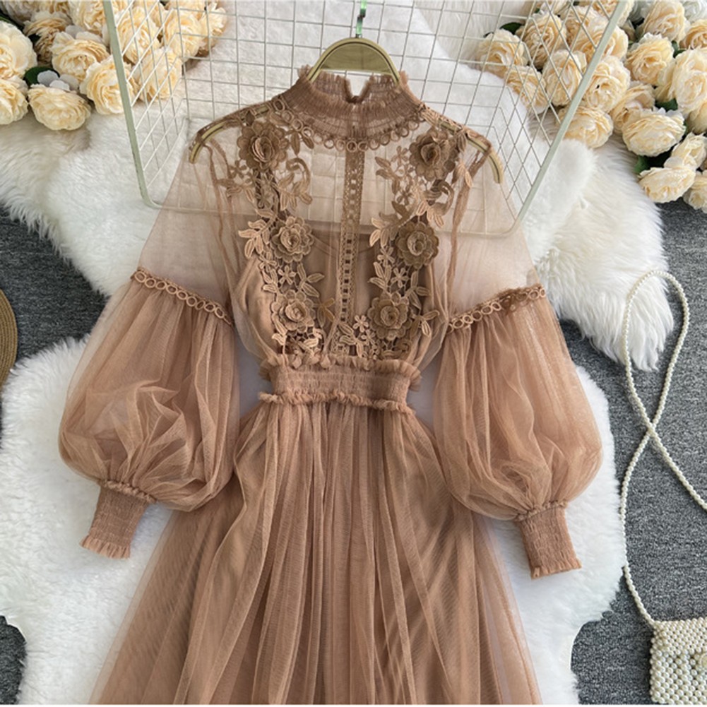 Langes Kleid mit Spitze und Blumenmuster für Damen mit Gazeärmeln und Weste 2- - Bild 15 von 22