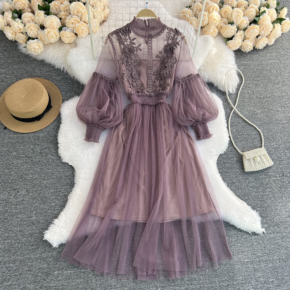 Lace Flower Long Dress with Lantern Sleeves for Stylish Women on Holidays