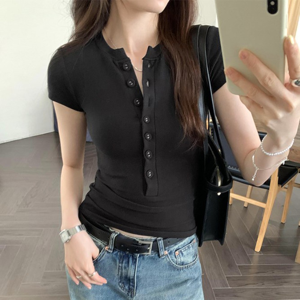 Retro Slim Fit Button Up Short Sleeve T Shirt for Women in Solid Colors - Picture 11 of 20
