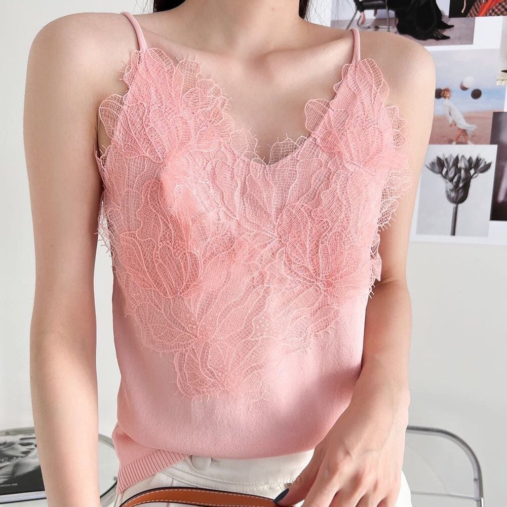Damen-Camisole mit Spitzen-V-Ausschnitt und großem Sling und Blumenstickerei - Bild 19 von 23
