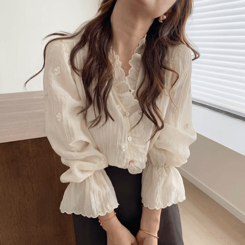 Sleek Lightweight Long Sleeve Ruffled Top Suitable for Commuting Style - Picture 16 of 32