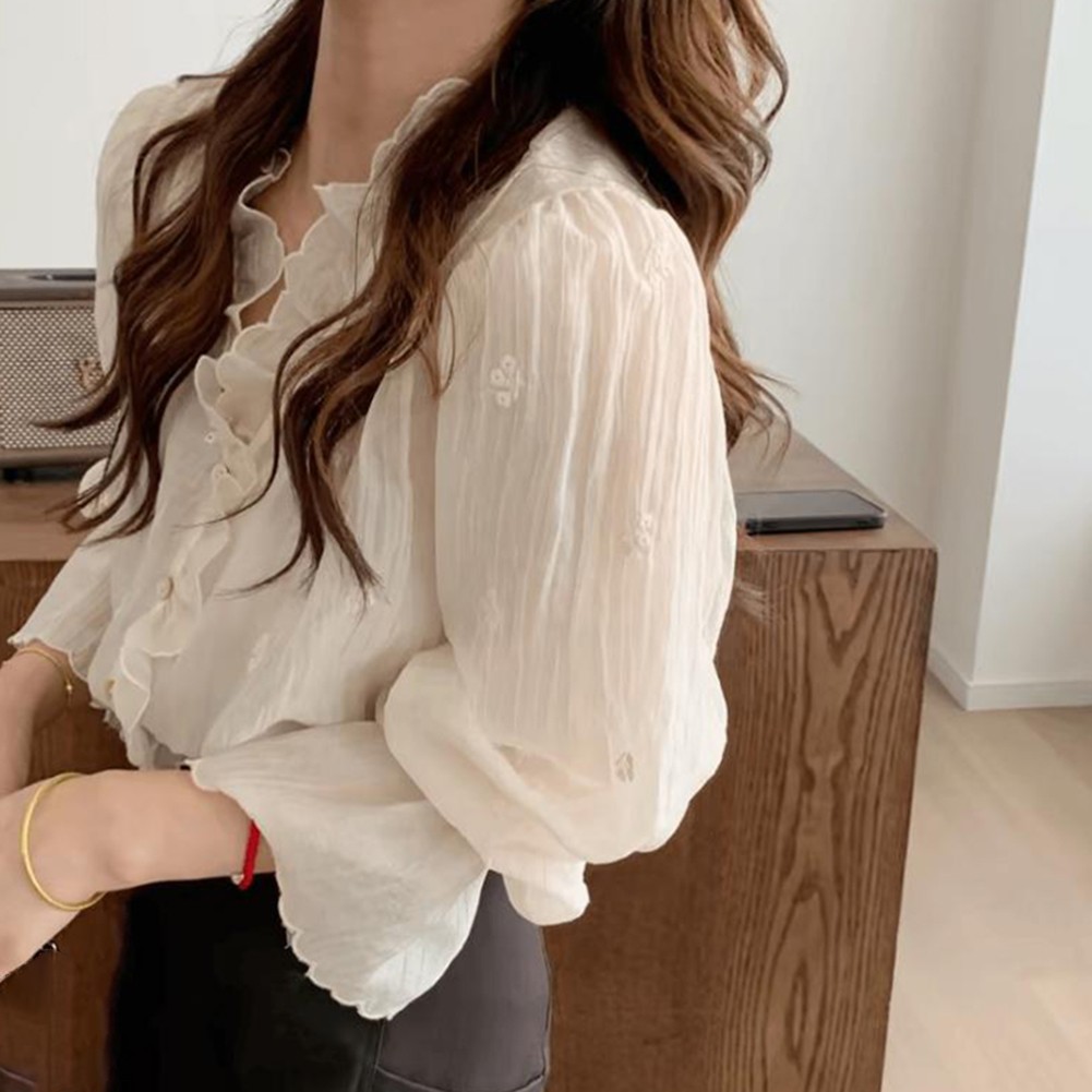 Sleek Lightweight Long Sleeve Ruffled Top Suitable for Commuting Style - Picture 14 of 32