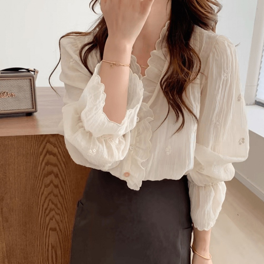 Sleek Lightweight Long Sleeve Ruffled Top Suitable for Commuting Style - Picture 15 of 32