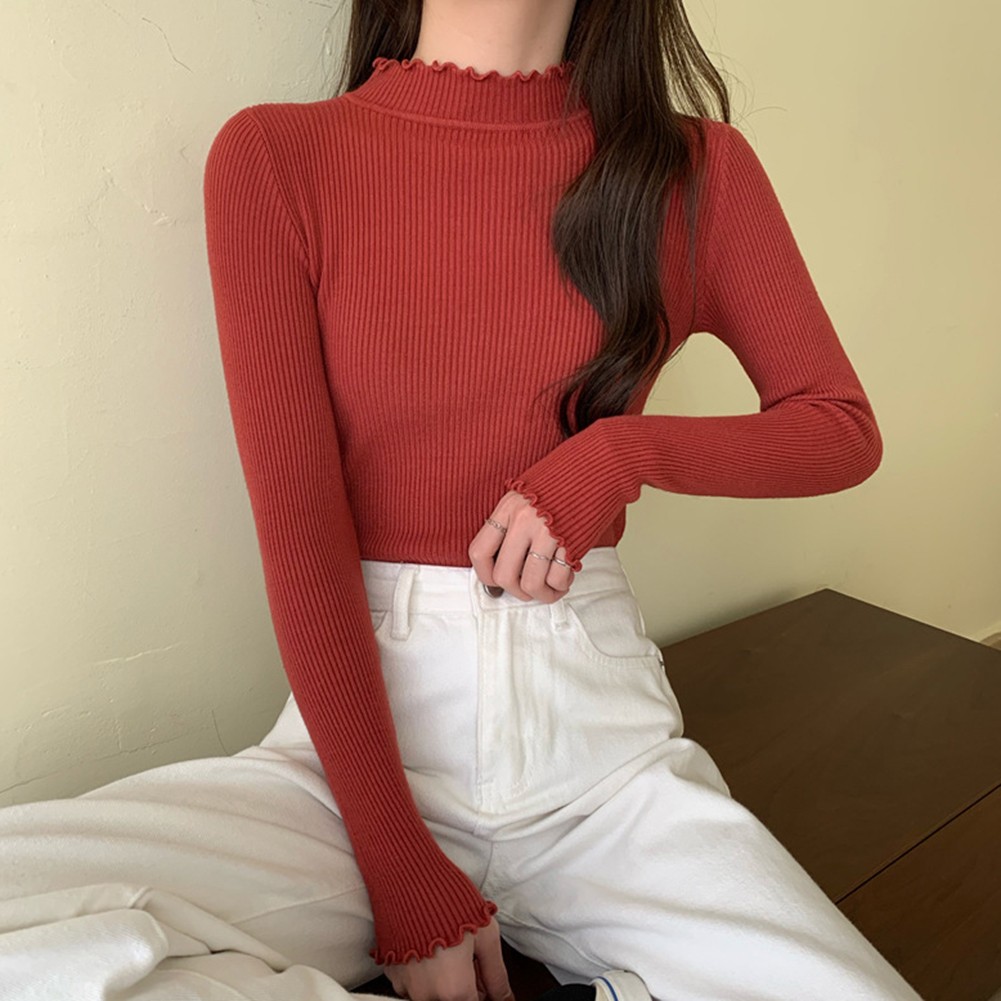 Stylish Womens Turtleneck Base Layer Top with mode Ruffles and Long Sleeves