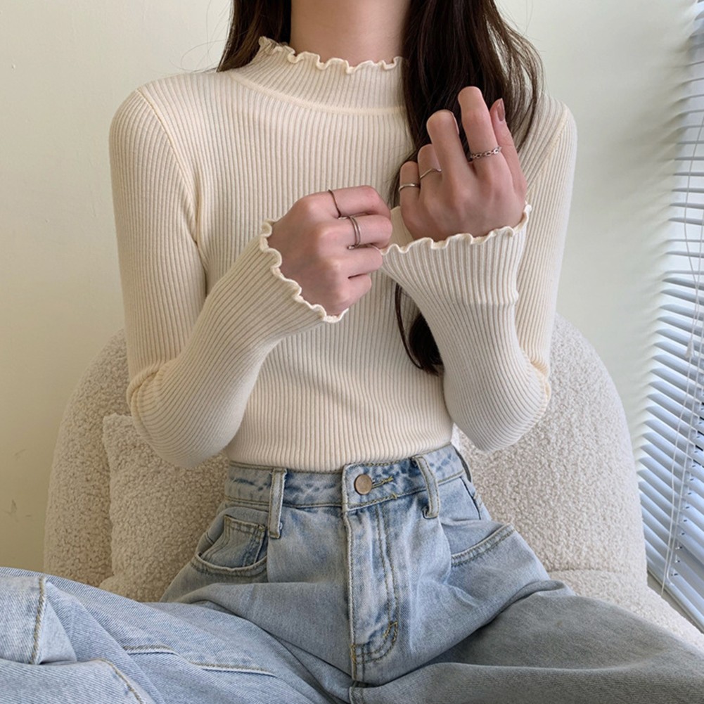 Stylish Womens Turtleneck Base Layer Top with Ruffles vente and Long Sleeves
