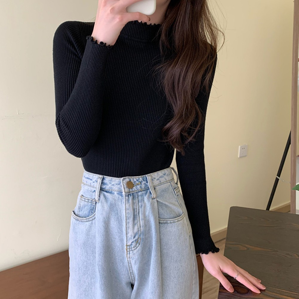 Stylish Womens Turtleneck Base points de vente Layer Top with Ruffles and Long Sleeves