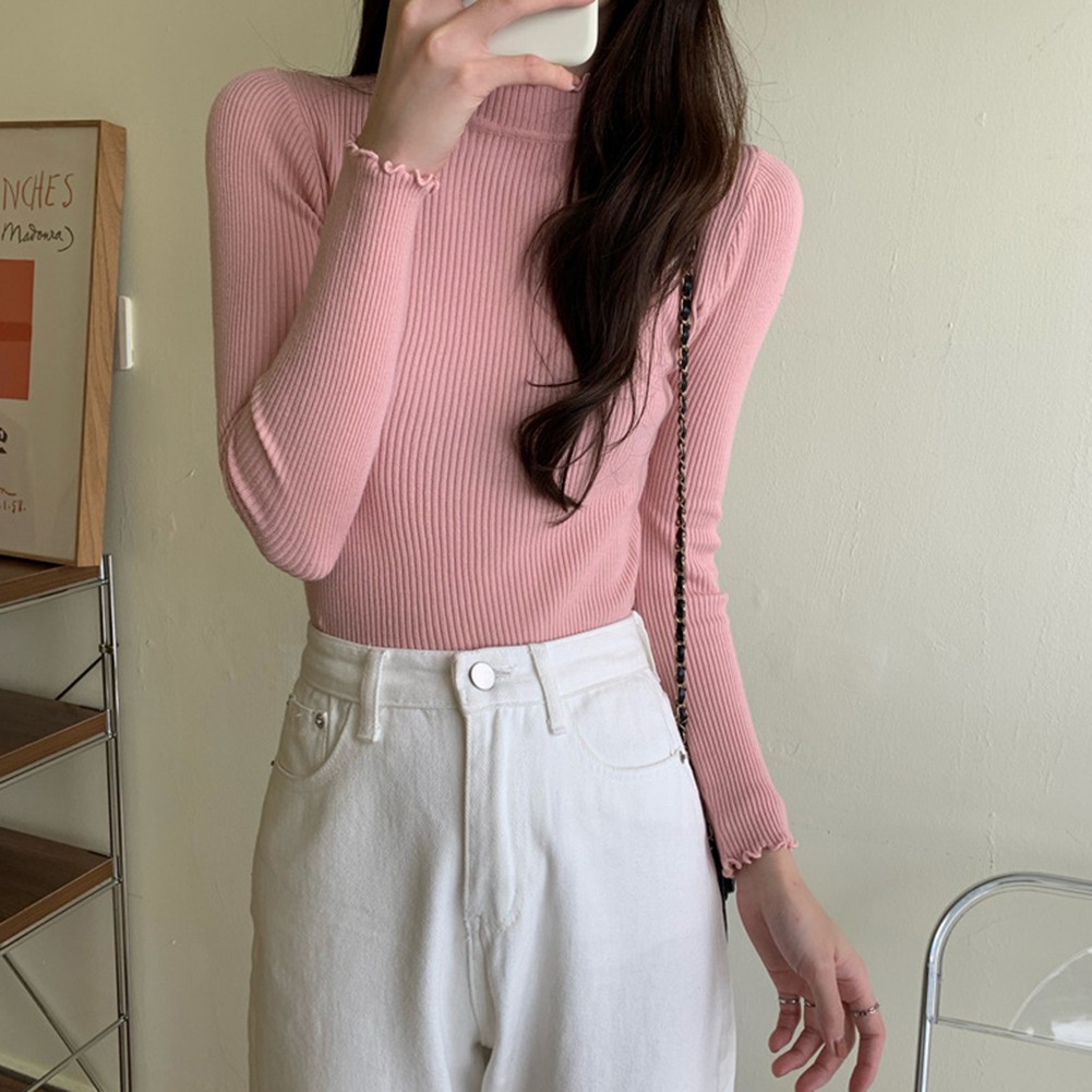Stylish Womens Turtleneck Base points de vente Layer Top with Ruffles and Long Sleeves