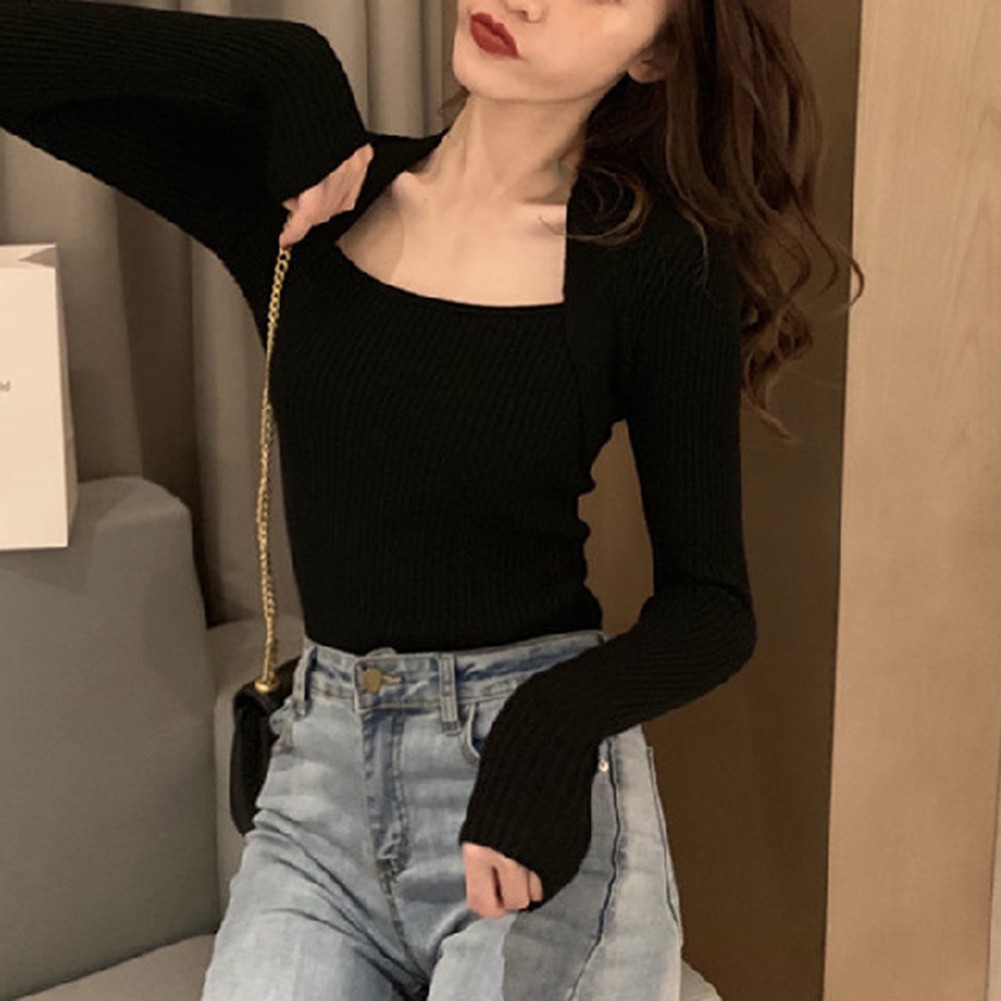 Womens Long Sleeve Casual Knit Top with Square Neckline and Solid Color