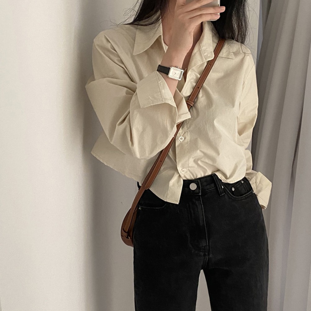 Women Casual Long Sleeve Blouse Korean Style Solid Color Crop Top for Vacation - Picture 14 of 24
