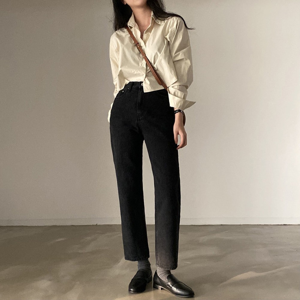 Women Casual Long Sleeve Blouse Korean Style Solid Color Crop Top for Vacation - Picture 15 of 24