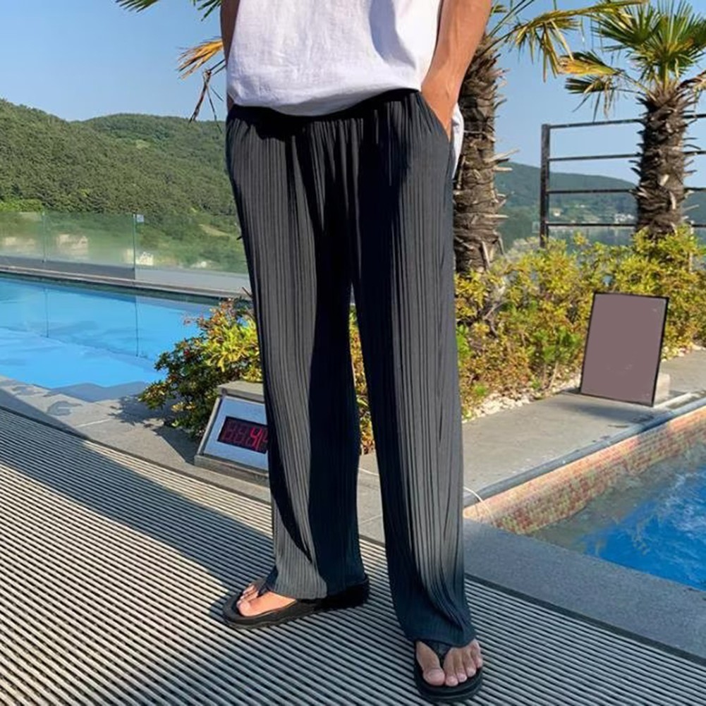 Casual Wide Leg IceSilk Trousers for Men with Stripes and Pleated Design - Picture 13 of 17