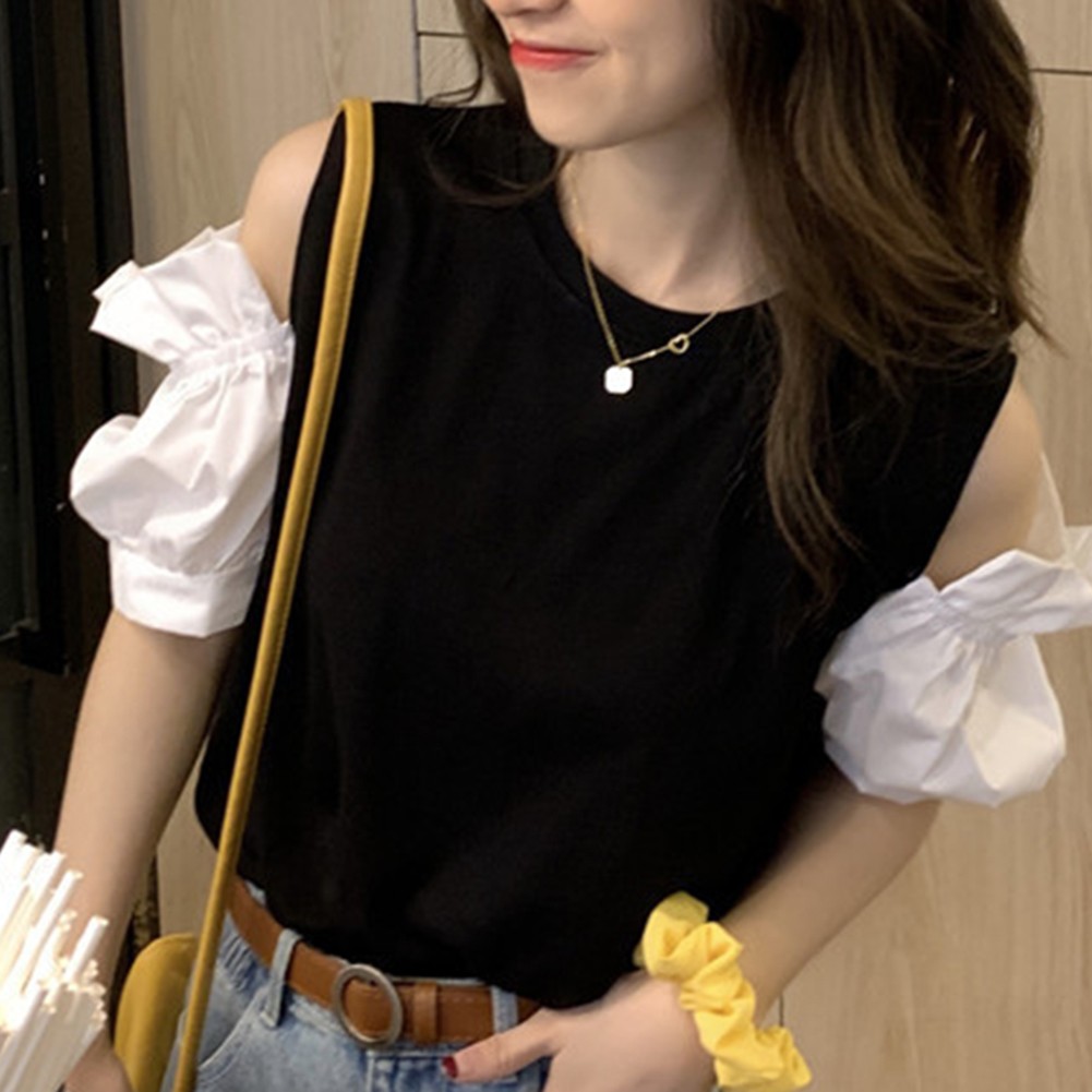 T-shirt femme coupe d??contract??e ??paules d??nud??es couleur unie pour les soldes jou