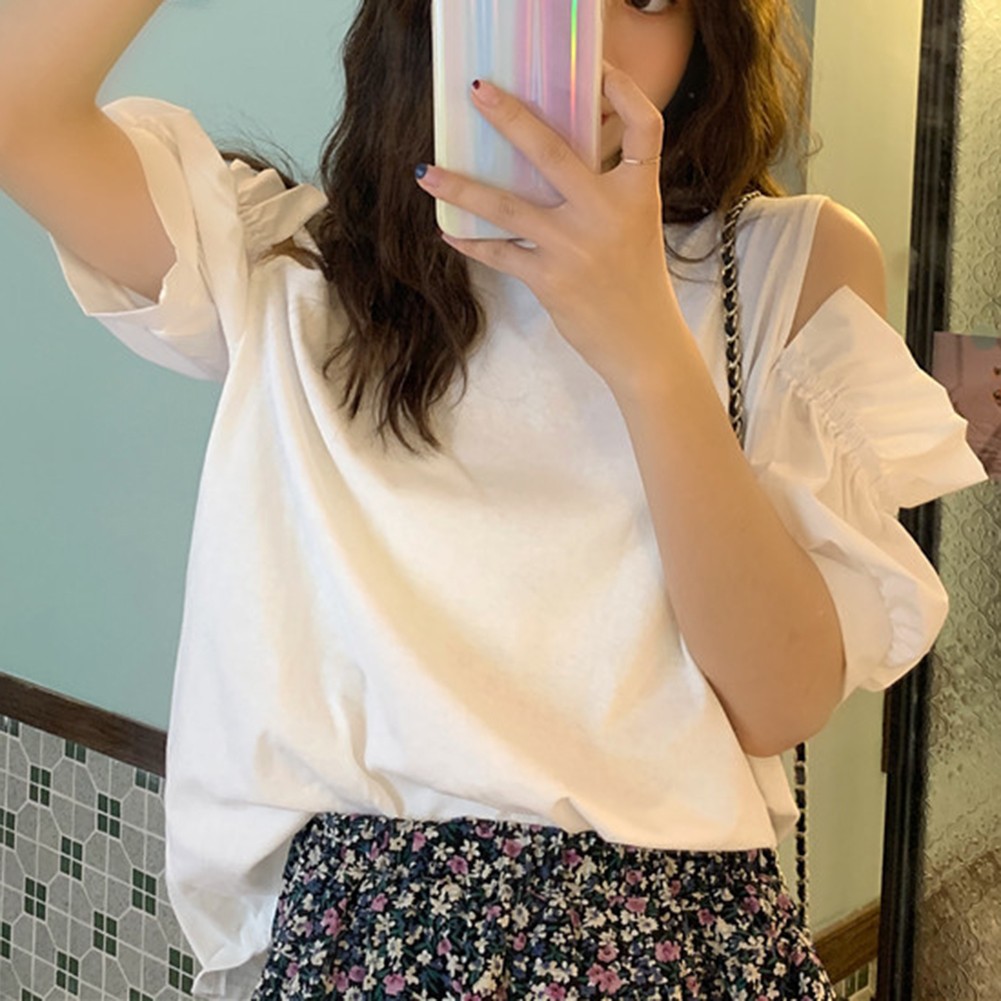 T-shirt femme coupe d??contract??e ??paules points de vente d??nud??es couleur unie pour les jou